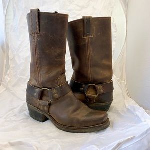 Frye Boot Women 7.5 M Harness Mid Calf Motorcycle Brown Leather Pull On